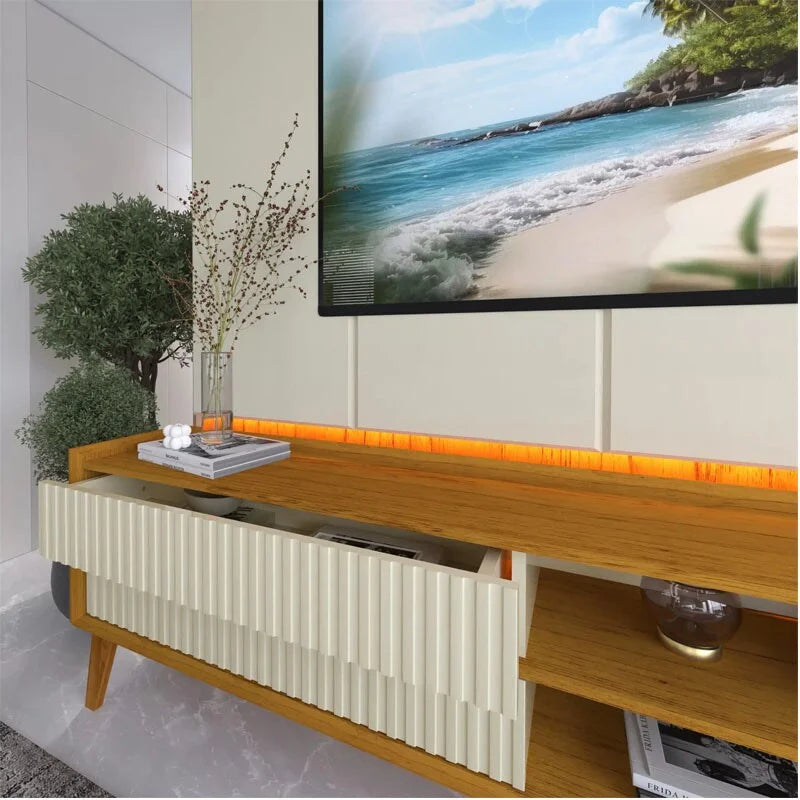 Rack Magnífico 212 Larg. 2.18m + Painel Magnífico 220 Nature/Off C/LED e Detalhe Ripado – Gelius