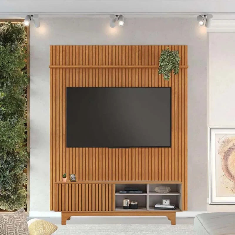 Rack Sereno Larg. 1.68m Cinamomo/Off Ripado + Painel Riso Larg. 1.82m Cinamomo Ripado para TV até 65″ – JCM