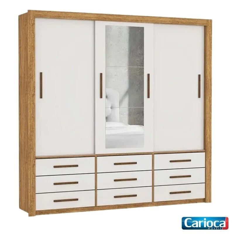 Guarda-roupa Casal Anjos Cinamomo/Off 3 Portas 9 Gavetas C/ 1 Espelho Larg. 1.91m – Carioca