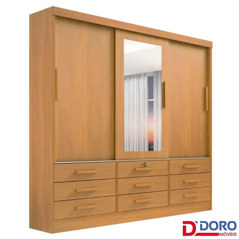 Guarda-roupa Casal Meridian Plus Cinamomo 3 Portas 9 Gavetas C/ 1 Espelho Larg. 2.00m – D Doro