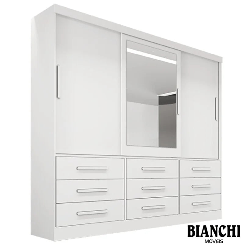 Guarda-roupa Casal Turim Branco 3 Portas 9 Gavetas C/ 1 Espelho 100% MDF Larg. 2.11 – Bianchi