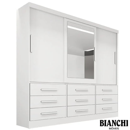 Guarda-roupa Casal Turim Branco 3 Portas 9 Gavetas C/ 1 Espelho 100% MDF Larg. 2.11 – Bianchi