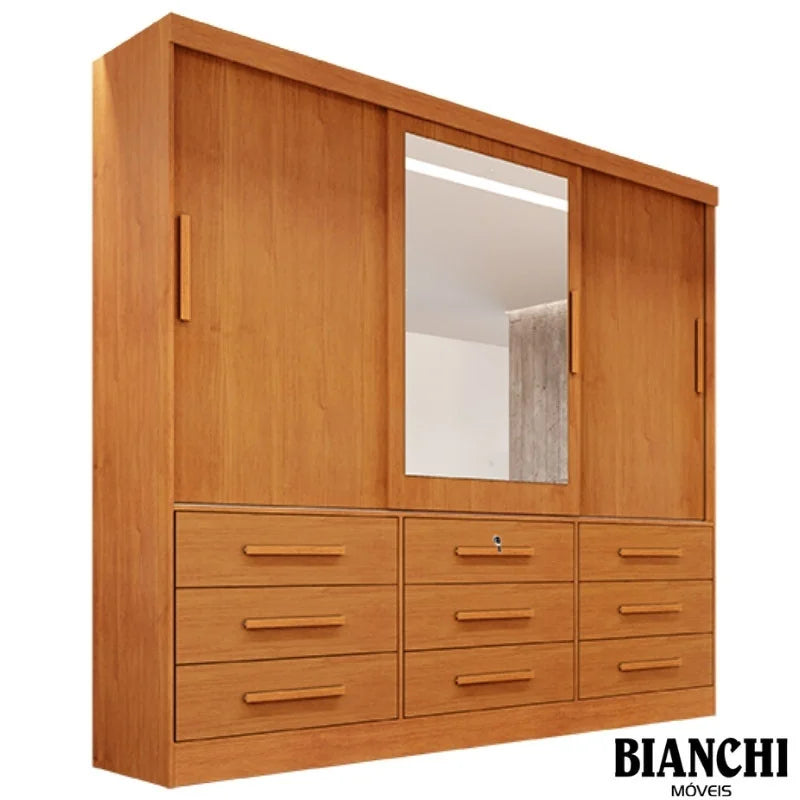 Guarda-roupa Casal Turim Nature 3 Portas 9 Gavetas C/ 1 Espelho 100% MDF Larg. 2.11 – Bianchi