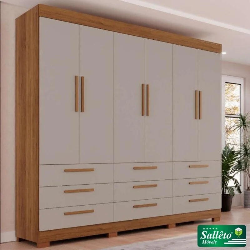 Guarda-roupa Casal Dinamarca Cinamomo/Off 6 Portas 9 Gavetas C/pés Larg. 1.80m – Sallêto