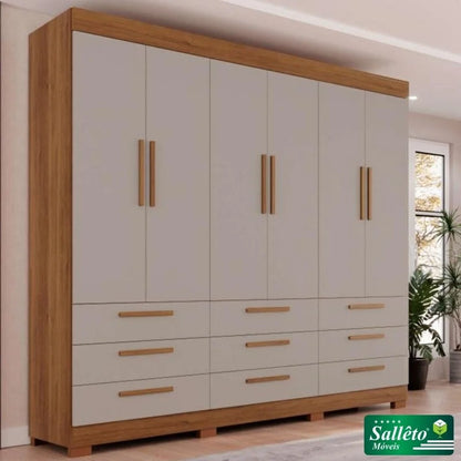 Guarda-roupa Casal Dinamarca Cinamomo/Off 6 Portas 9 Gavetas C/pés Larg. 1.80m – Sallêto