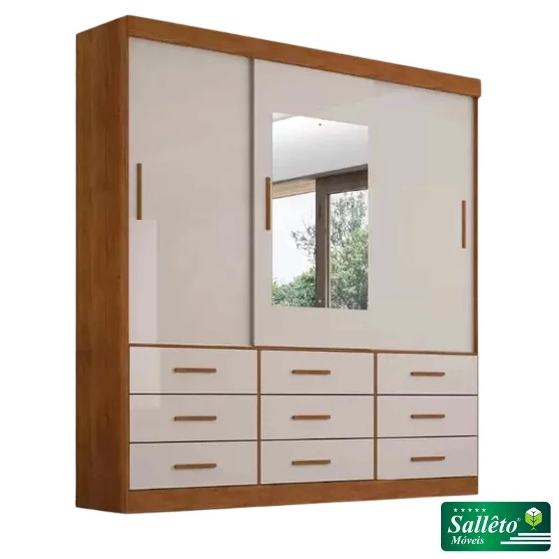 Guarda-roupa Casal New Star Cinamomo/Off 3 Portas 9 Gavetas C/ 1 Espelho Larg. 1.80m – Sallêto