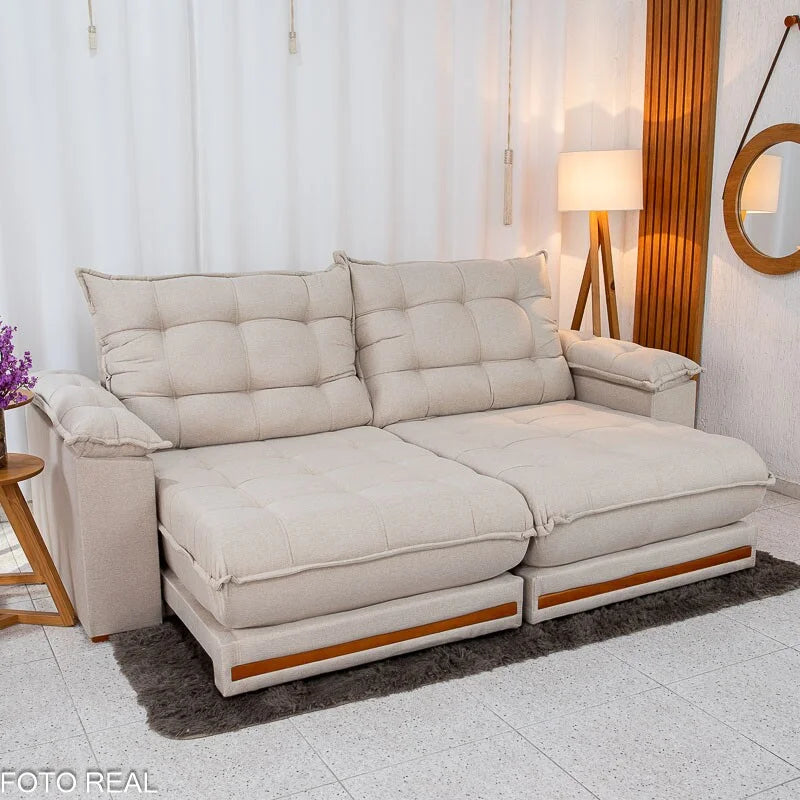 Sofá Retrátil Reclinável Barcelona 2.30m Linho Bege 459 – D33 e Molas Ensacadas Pocket