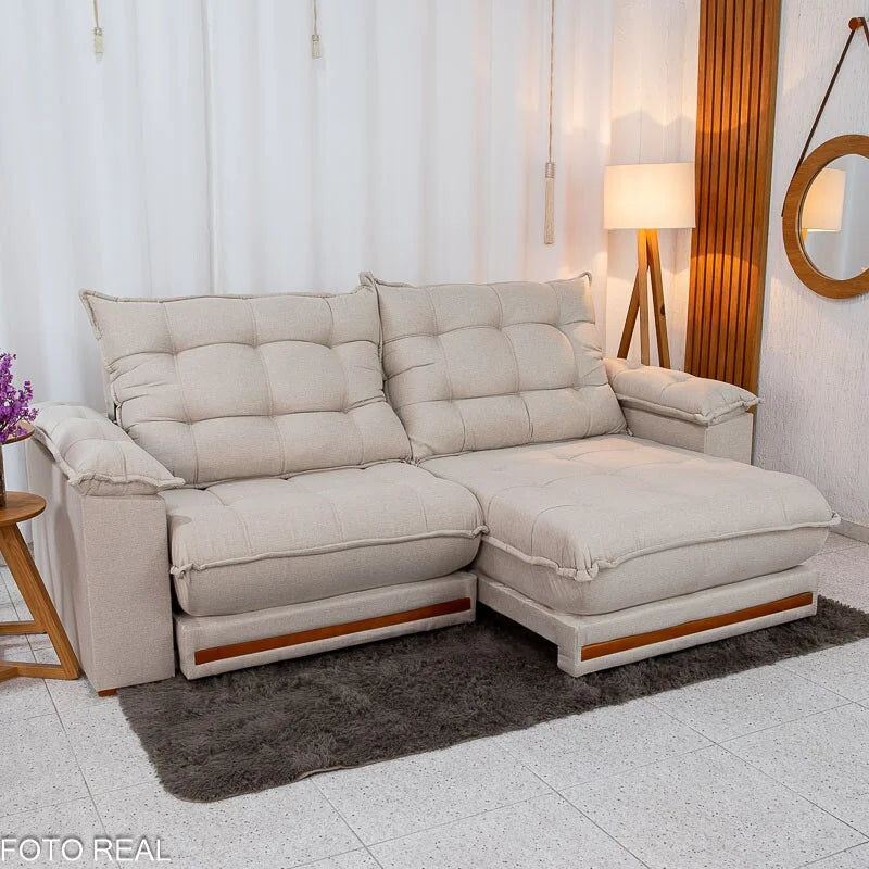 Sofá Retrátil Reclinável Barcelona 2.30m Linho Bege 459 – D33 e Molas Ensacadas Pocket