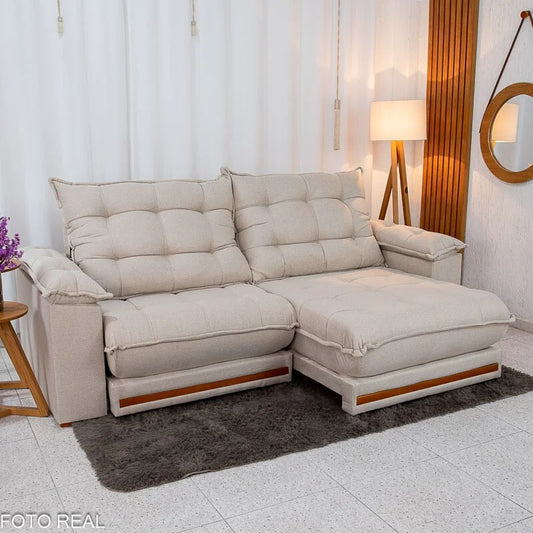 Sofá Retrátil Reclinável Barcelona 2.30m Linho Bege 459 – D33 e Molas Ensacadas Pocket