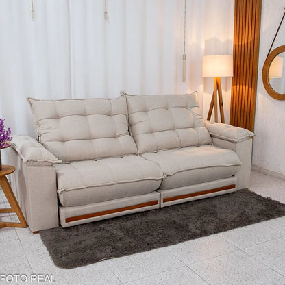 Sofá Retrátil Reclinável Barcelona 2.30m Linho Bege 459 – D33 e Molas Ensacadas Pocket