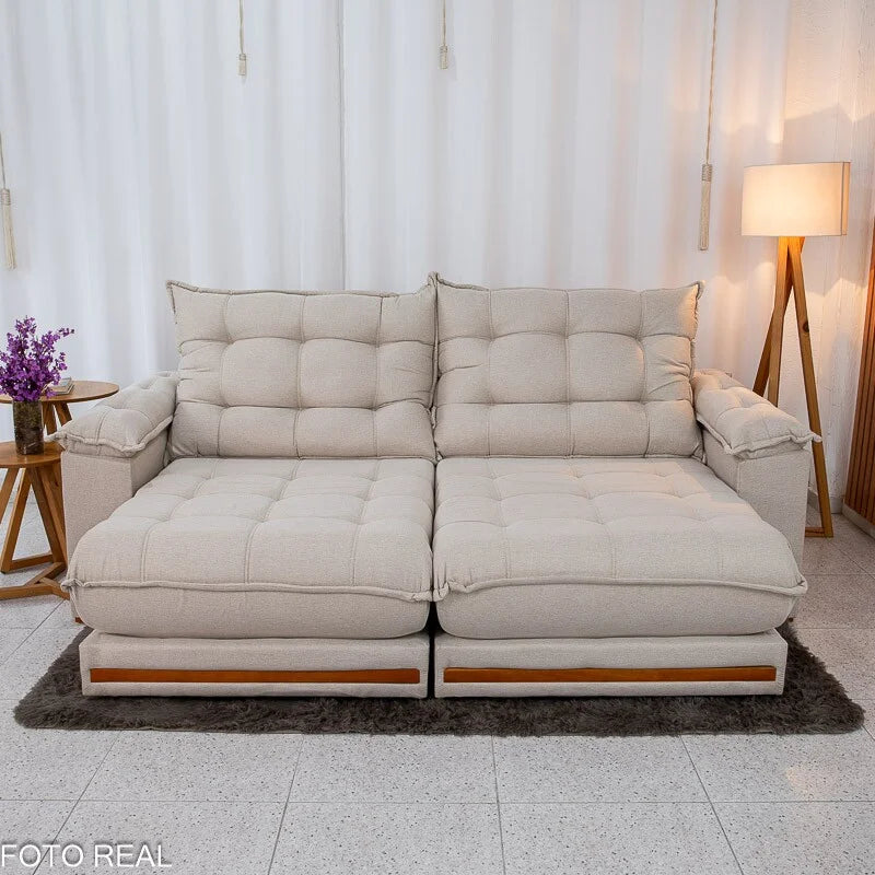 Sofá Retrátil Reclinável Barcelona 2.30m Linho Bege 459 – D33 e Molas Ensacadas Pocket