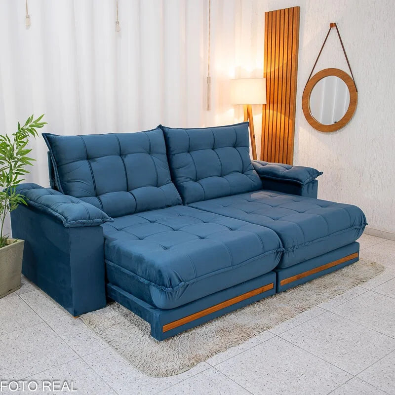 Sofá Retrátil Reclinável Barcelona 2.50m Veludo Azul 325 – D33 e Molas Ensacadas