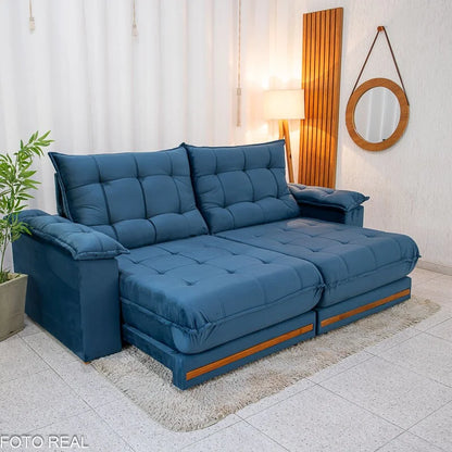Sofá Retrátil Reclinável Barcelona 2.50m Veludo Azul 325 – D33 e Molas Ensacadas