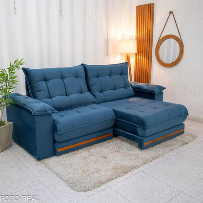 Sofá Retrátil Reclinável Barcelona 2.50m Veludo Azul 325 – D33 e Molas Ensacadas