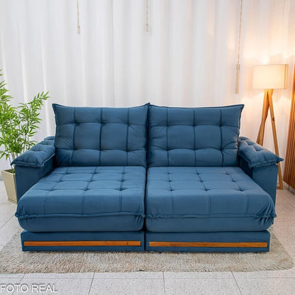 Sofá Retrátil Reclinável Barcelona 2.50m Veludo Azul 325 – D33 e Molas Ensacadas