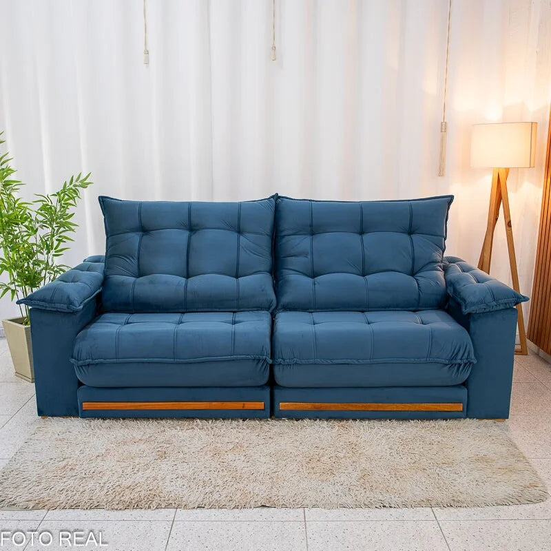 Sofá Retrátil Reclinável Barcelona 2.50m Veludo Azul 325 – D33 e Molas Ensacadas