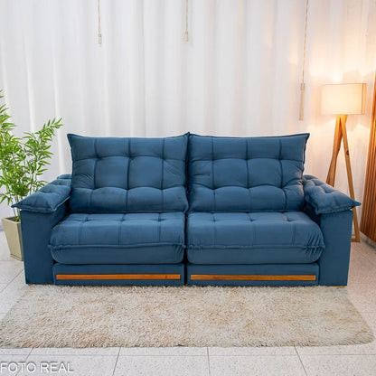 Sofá Retrátil Reclinável Barcelona 2.50m Veludo Azul 325 – D33 e Molas Ensacadas