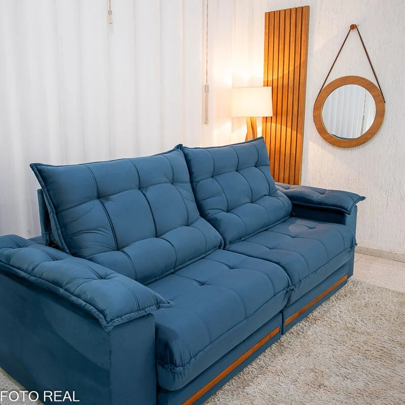 Sofá Retrátil Reclinável Barcelona 2.50m Veludo Azul 325 – D33 e Molas Ensacadas