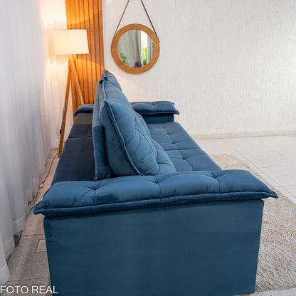 Sofá Retrátil Reclinável Barcelona 2.50m Veludo Azul 325 – D33 e Molas Ensacadas
