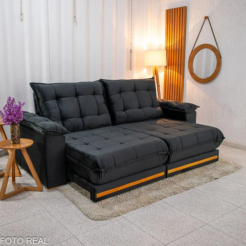 Sofá Retrátil Reclinável Barcelona 2.50m Veludo Preto 322 – D33 e Molas Ensacadas