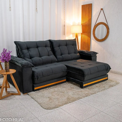 Sofá Retrátil Reclinável Barcelona 2.50m Veludo Preto 322 – D33 e Molas Ensacadas