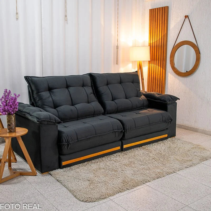 Sofá Retrátil Reclinável Barcelona 2.50m Veludo Preto 322 – D33 e Molas Ensacadas