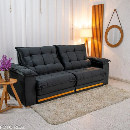 Sofá Retrátil Reclinável Barcelona 2.50m Veludo Preto 322 – D33 e Molas Ensacadas