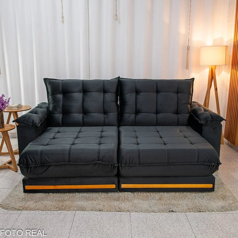 Sofá Retrátil Reclinável Barcelona 2.50m Veludo Preto 322 – D33 e Molas Ensacadas
