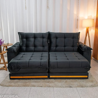 Sofá Retrátil Reclinável Barcelona 2.50m Veludo Preto 322 – D33 e Molas Ensacadas