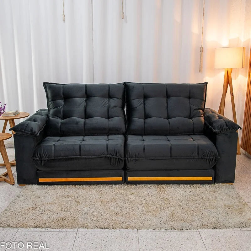 Sofá Retrátil Reclinável Barcelona 2.50m Veludo Preto 322 – D33 e Molas Ensacadas