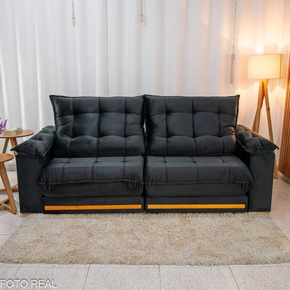 Sofá Retrátil Reclinável Barcelona 2.50m Veludo Preto 322 – D33 e Molas Ensacadas