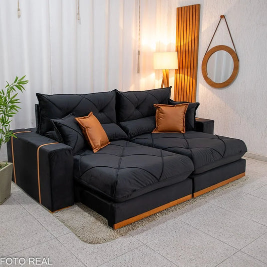 Sofá Retrátil Reclinável Gran Bello 2.30m Veludo Preto 21 – Molas Ensacadas Pocket