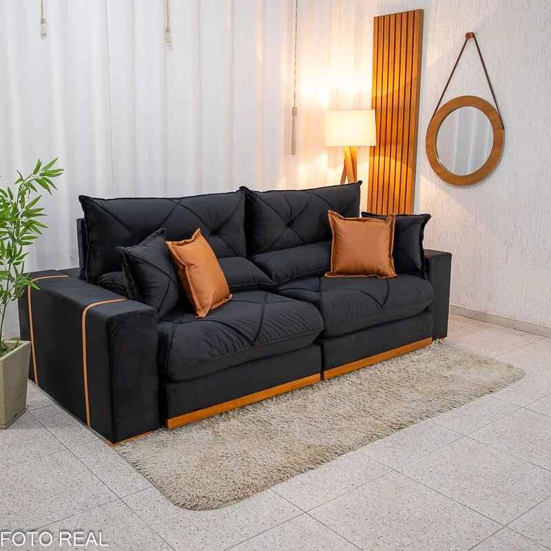 Sofá Retrátil Reclinável Gran Bello 2.30m Veludo Preto 21 – Molas Ensacadas Pocket