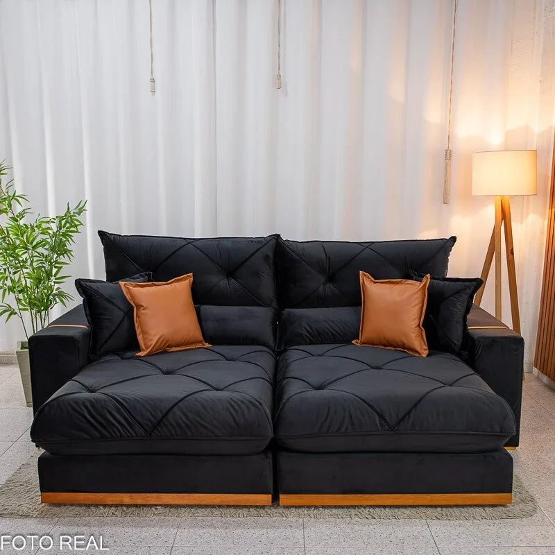 Sofá Retrátil Reclinável Gran Bello 2.30m Veludo Preto 21 – Molas Ensacadas Pocket