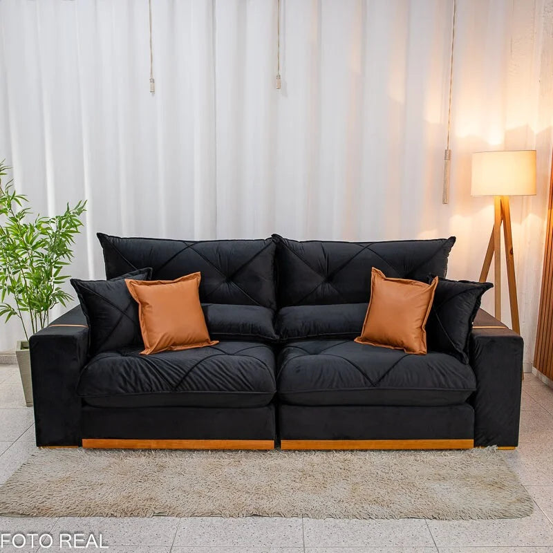 Sofá Retrátil Reclinável Gran Bello 2.30m Veludo Preto 21 – Molas Ensacadas Pocket
