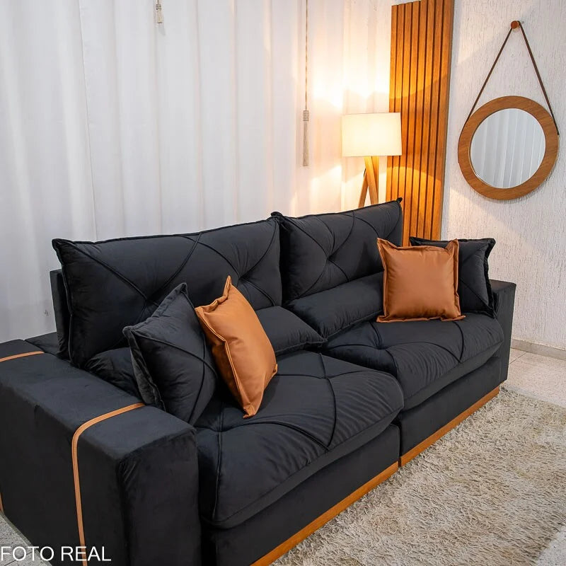 Sofá Retrátil Reclinável Gran Bello 2.30m Veludo Preto 21 – Molas Ensacadas Pocket