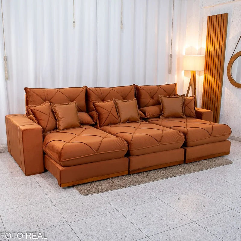Sofá Retrátil Reclinável Gran Bello 3.20m Veludo Terracota 24 – Molas Ensacadas