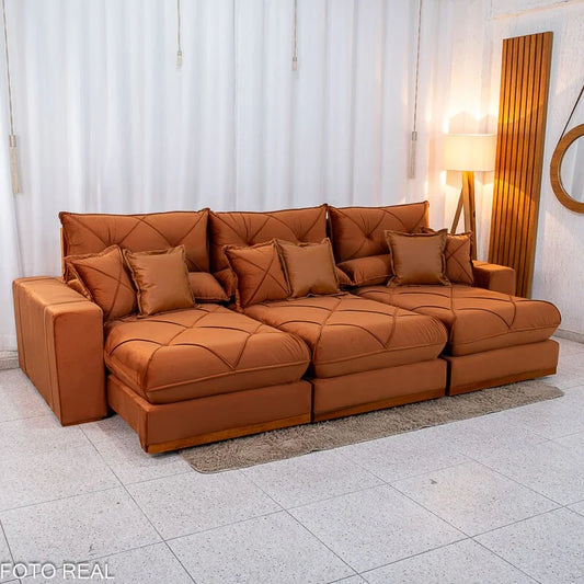 Sofá Retrátil Reclinável Gran Bello 3.20m Veludo Terracota 24 – Molas Ensacadas