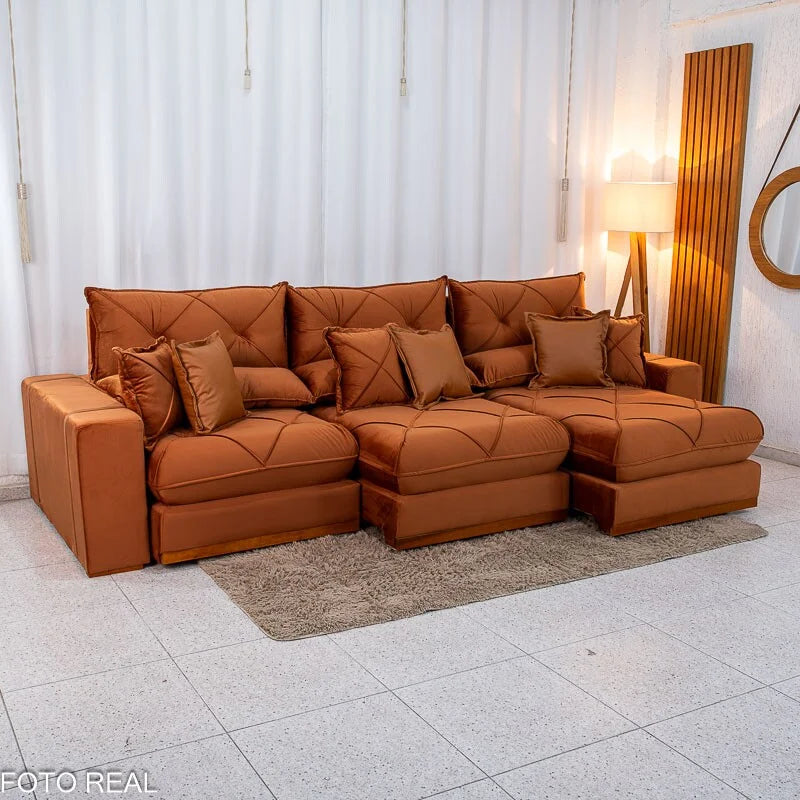 Sofá Retrátil Reclinável Gran Bello 3.20m Veludo Terracota 24 – Molas Ensacadas