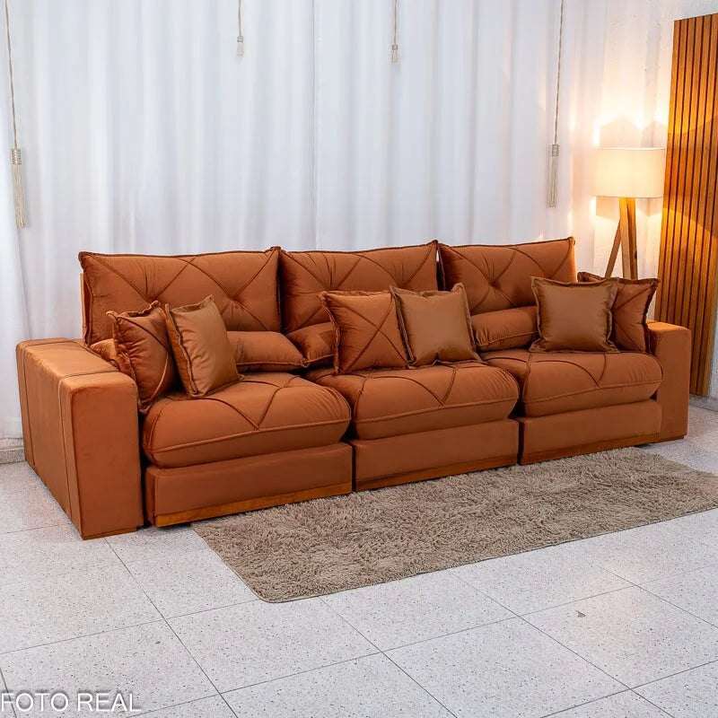 Sofá Retrátil Reclinável Gran Bello 3.20m Veludo Terracota 24 – Molas Ensacadas