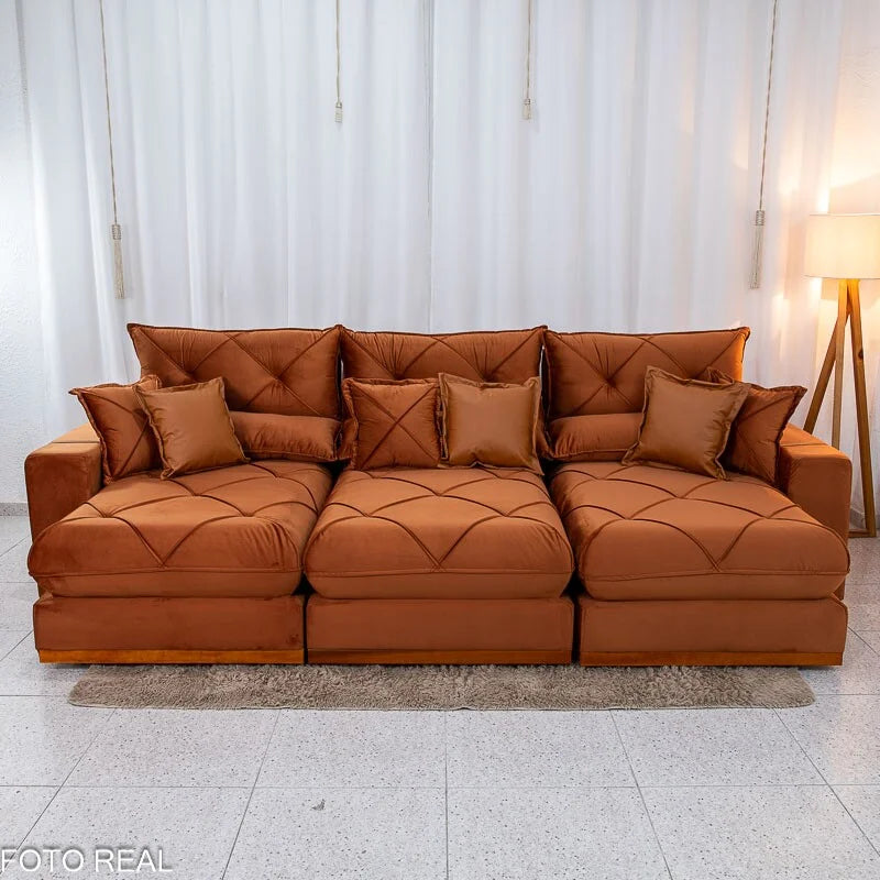 Sofá Retrátil Reclinável Gran Bello 3.20m Veludo Terracota 24 – Molas Ensacadas