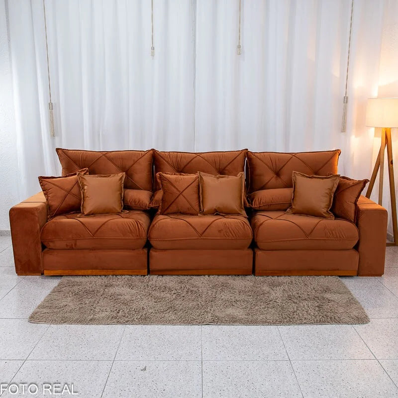 Sofá Retrátil Reclinável Gran Bello 3.20m Veludo Terracota 24 – Molas Ensacadas