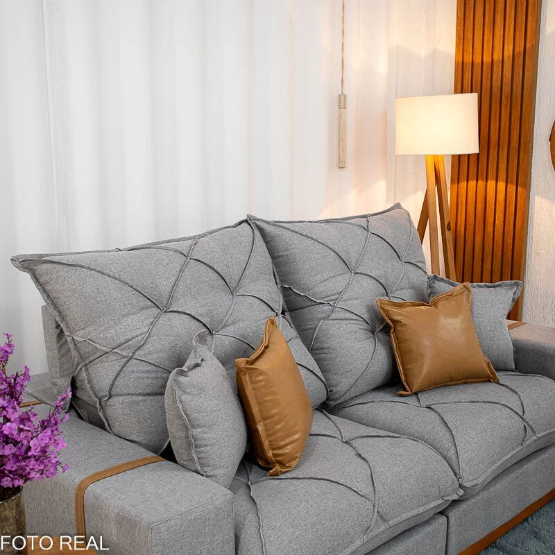Sofá Retrátil Reclinável Malibu 2.10m Linho Cinza 1008 – D33 e Molas Ensacadas