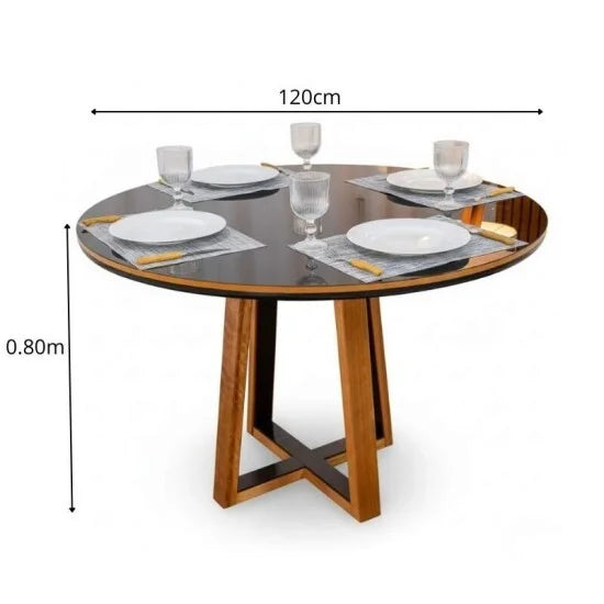 Mesa de Jantar Atlanta Redonda 120cm Vidro Preto/Base Madeira – Minas Plac + 4 Cad. Isabela Linho Cinza 05 Madeira KM Decor – Entregue Montada