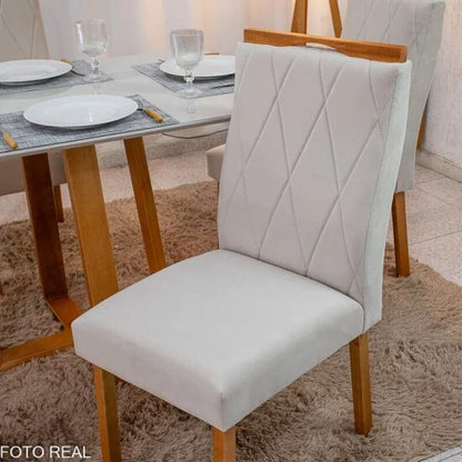 Mesa de Jantar Pedro 120×80 Vidro Off/Base Madeira + 4 Cad. Lisboa Veludo Bege 512 Madeira Art Assento – Entregue Montada
