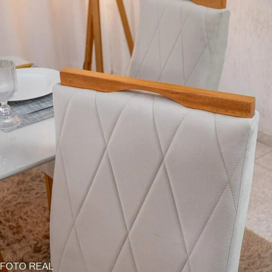 Mesa de Jantar Pedro 120×80 Vidro Off/Base Madeira + 4 Cad. Lisboa Veludo Bege 512 Madeira Art Assento – Entregue Montada