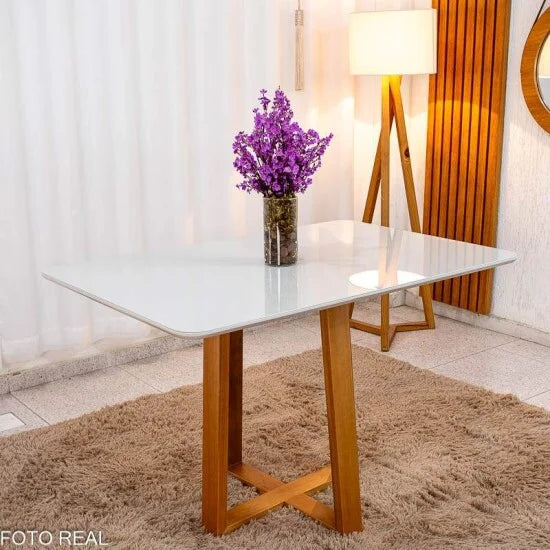 Mesa de Jantar Pedro 120×80 Vidro Off/Base Madeira + 4 Cad. Lisboa Veludo Bege 512 Madeira Art Assento – Entregue Montada