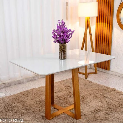 Mesa de Jantar Pedro 120×80 Vidro Off/Base Madeira + 4 Cad. Lisboa Veludo Bege 512 Madeira Art Assento – Entregue Montada