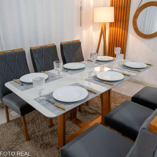Mesa de Jantar Pedro 160×80 Vidro Off/Base Madeira + 6 Cad. Lisboa Veludo Cinza 507 Madeira Art Assento – Entregue Montada
