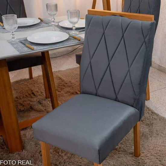 Mesa de Jantar Pedro 160×80 Vidro Off/Base Madeira + 6 Cad. Lisboa Veludo Cinza 507 Madeira Art Assento – Entregue Montada